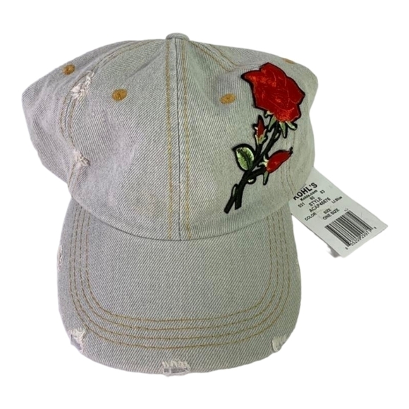 Distressed Denim Ball Cap Embroidered Rose Adjustable Hat - Picture 3 of 7